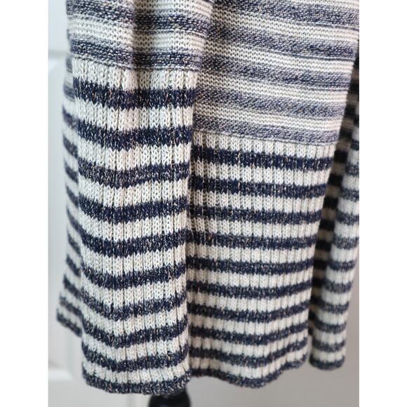 Coldwater Creek Navy Blue Striped Long Cardigan COTTON LINEN Open Front Large - Picture 4 of 7